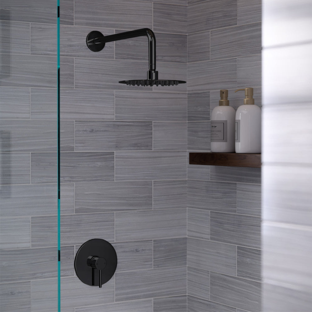 Matte black wall-mounted shower head with single-handle valve and round fixed spray face.