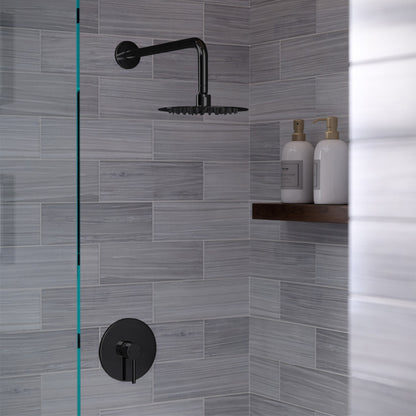 Matte black wall-mounted shower head with single-handle valve and round fixed spray face.