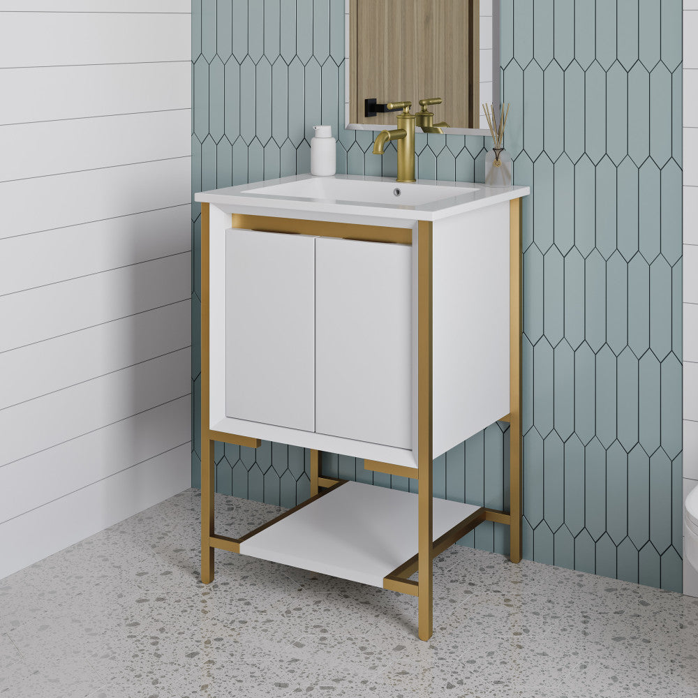 24-inch freestanding bathroom vanity in white with brushed gold frame, single sink, soft-close doors.