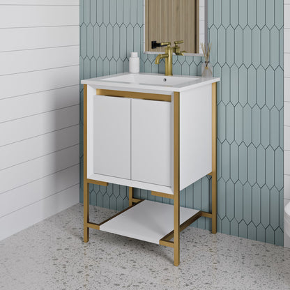 24-inch freestanding bathroom vanity in white with brushed gold frame, single sink, soft-close doors.
