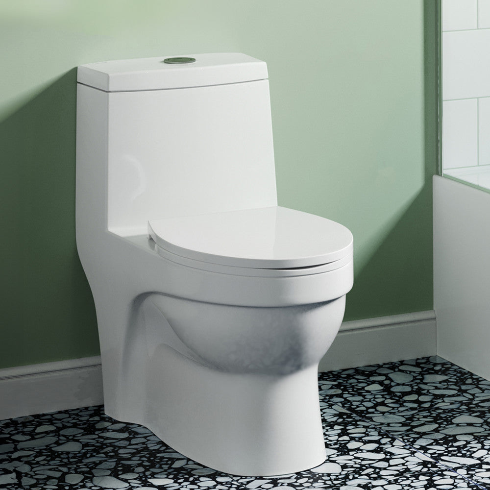 Elongated one-piece toilet with touchless dual flush, 1.1/1.6 gpf, white finish.