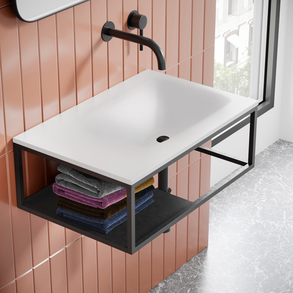 Lisse 24" Rectangle Concrete Wall-Mount Bathroom Sink in Matte White with Matte Black Frame