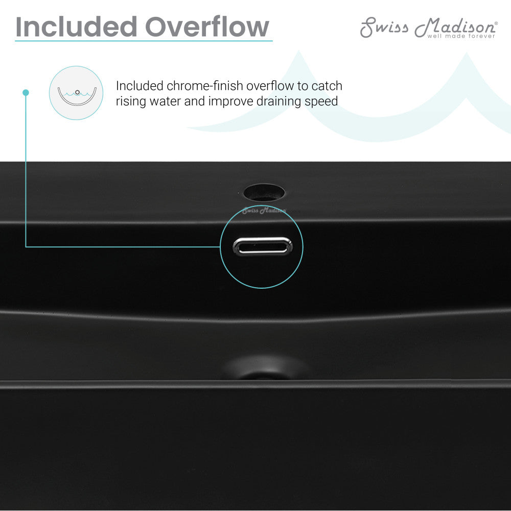30-inch matte black ceramic console sink with chrome legs and integrated overflow drain.
