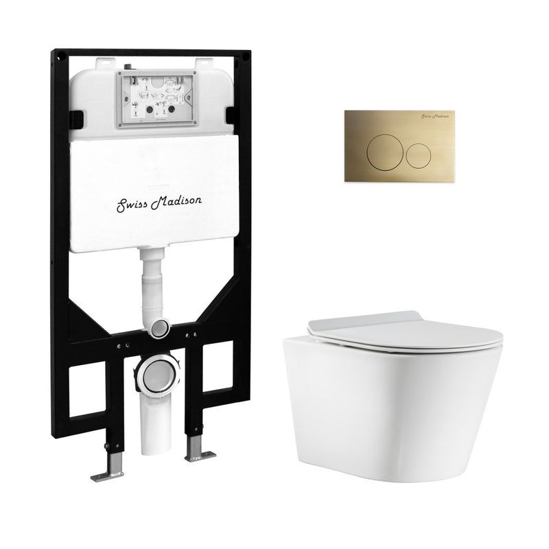 Calice Wall-Hung Toilet Bundle 0.8/1.6 GPF Dual Flush in Glossy White with Brass Flush Plate