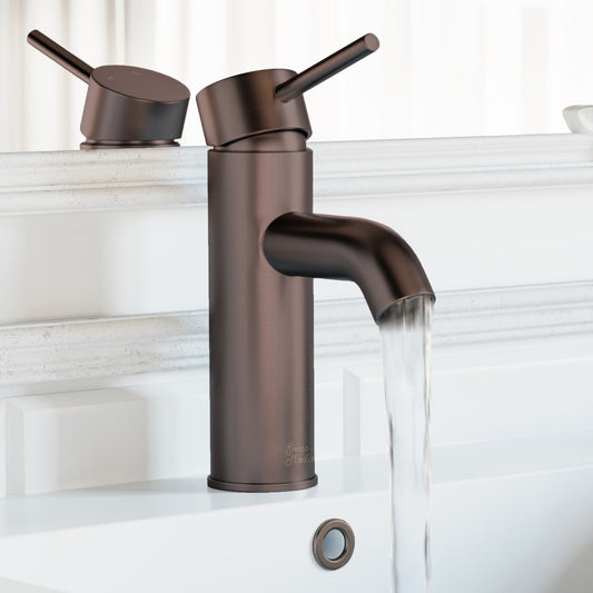 Single-handle bathroom faucet in oil rubbed bronze, tall cylindrical spout with lever handle and running water.