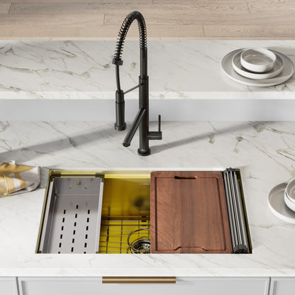 30 x 19 inch gold stainless steel undermount single basin kitchen sink with workstation accessories.