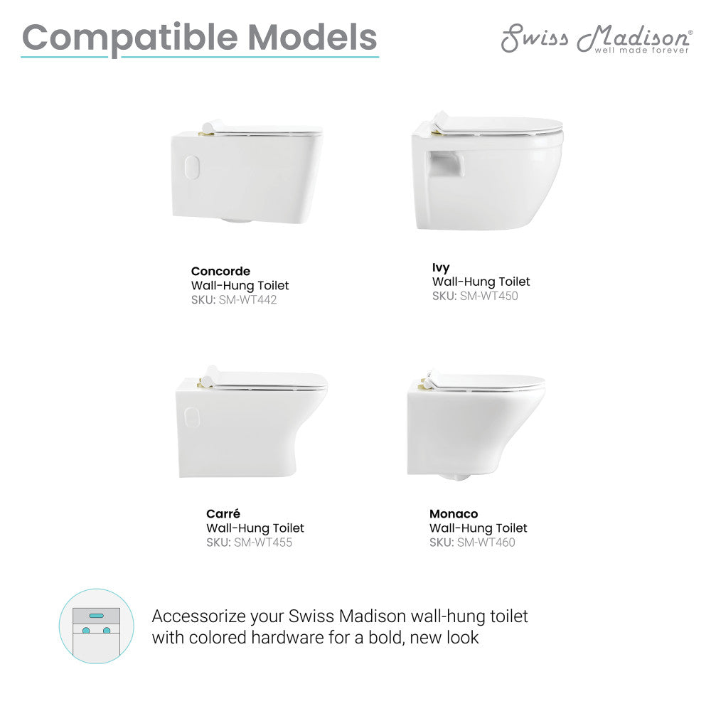 Toilet hardware accessories in brushed gold finish, compatible with wall-hung Swiss Madison models.