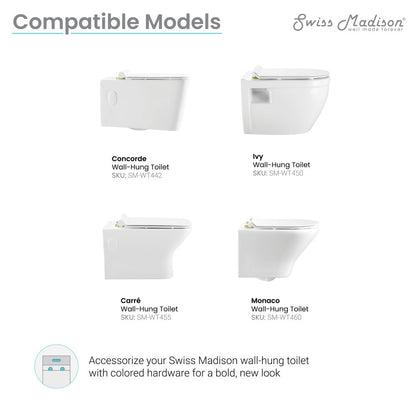 Toilet hardware accessories in brushed gold finish, compatible with wall-hung Swiss Madison models.