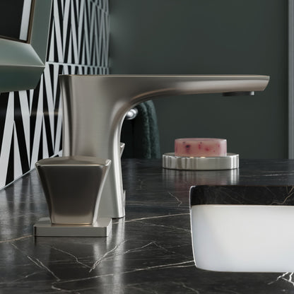 Widespread bathroom faucet in brushed nickel with two handles and a sleek modern design.