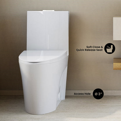 Elongated one-piece toilet in white, comfort height, soft-close quick release seat, access hole.