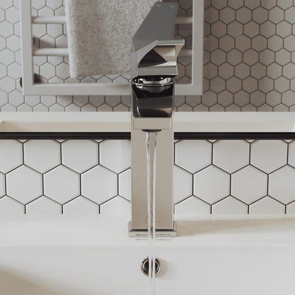 Single-handle chrome bathroom faucet with sleek modern design and square base.