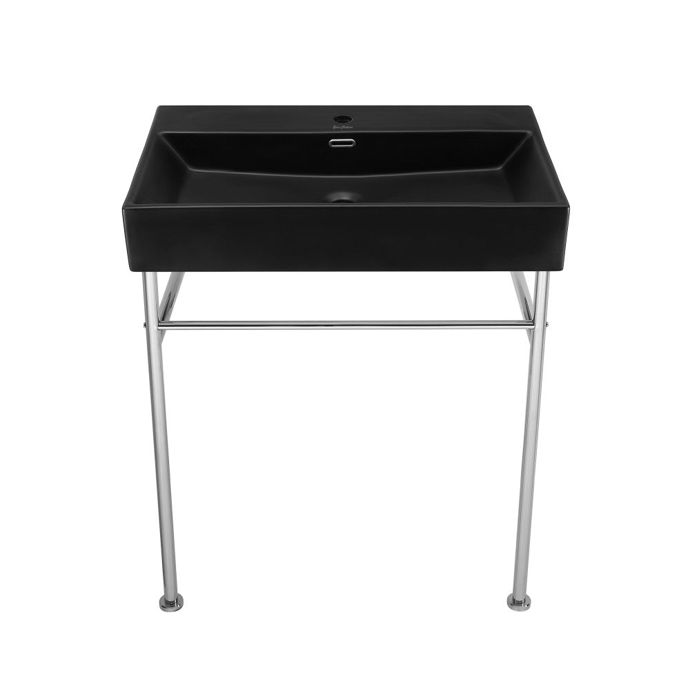 Matte black ceramic console sink with rectangular basin and chrome metal legs, single faucet hole.