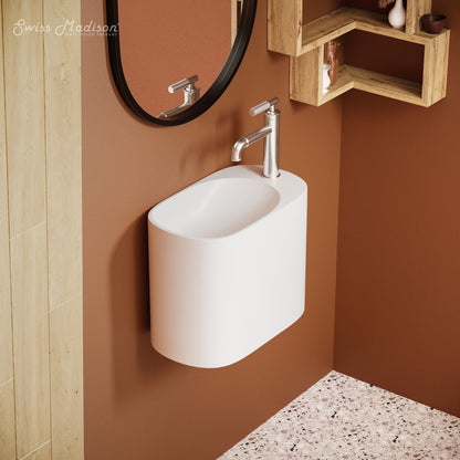 18" white wall-mount bathroom sink with right side faucet hole, compact modern design.