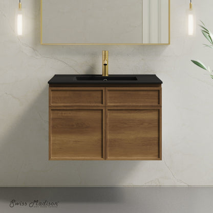 St. Tropez 30" Wall-Mounted Bathroom Vanity in Brown Oak with Black Sink Top