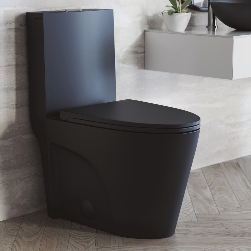 Elongated one-piece toilet in matte black with dual vortex flush and 10-inch rough-in.