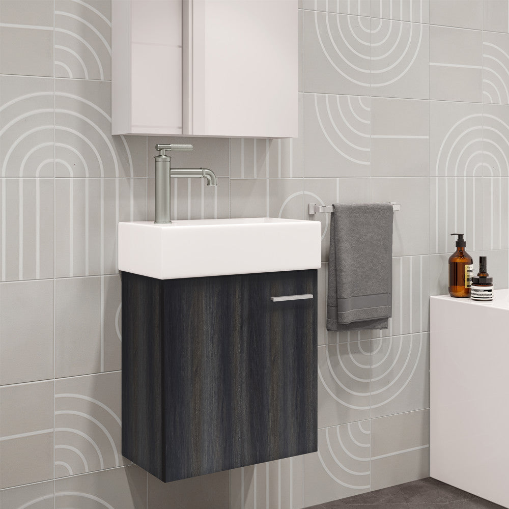 18-inch wall-mounted bathroom vanity in black walnut with single cabinet and white rectangular sink.
