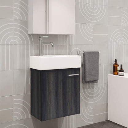 18-inch wall-mounted bathroom vanity in black walnut with single cabinet and white rectangular sink.