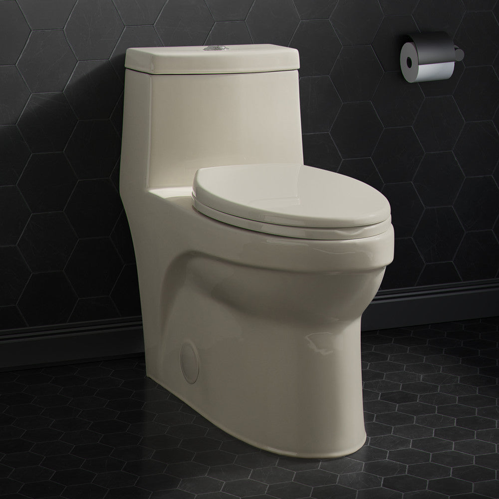 Elongated one-piece toilet in bisque with dual flush and sleek skirted trapway design.
