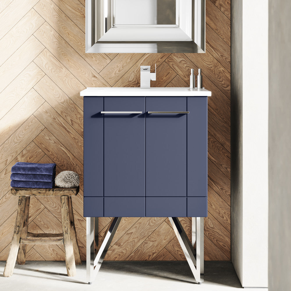 24-inch freestanding purple bathroom vanity with single sink and chrome handles.