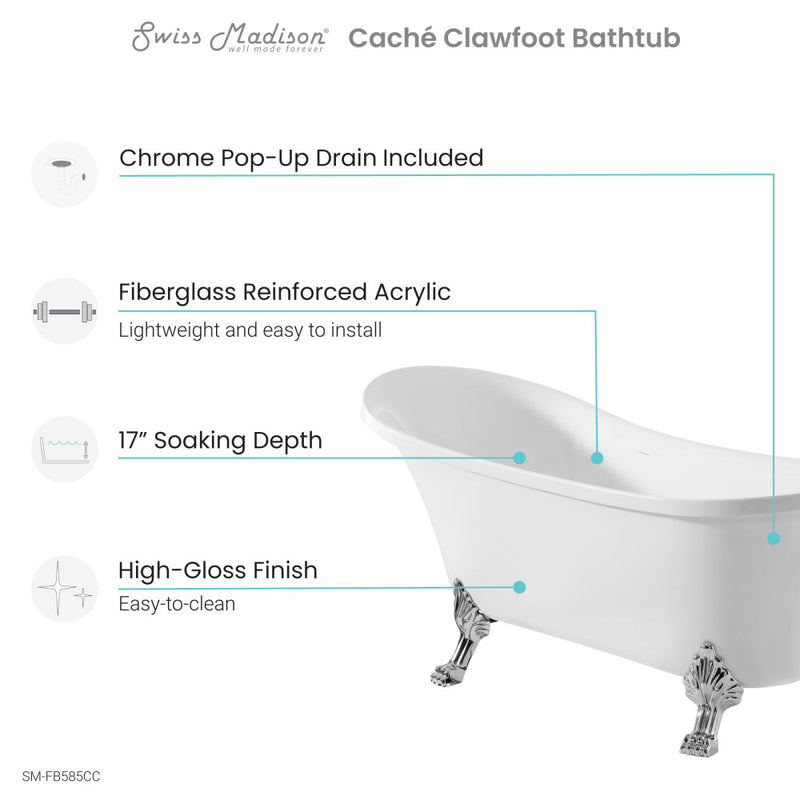 Cache Single Slipper, Clawfoot Soaking Acrylic Bathtub, Chrome Clawfoot