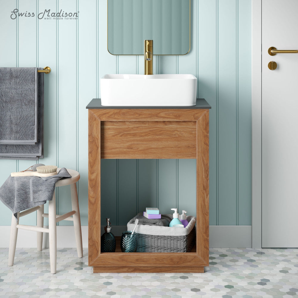 24-inch freestanding reclaimed wood bathroom vanity in natural teak with slate countertop and single hole vessel sink.