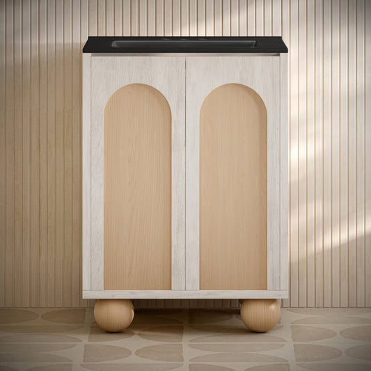 Plaisir II 24" Freestanding Bathroom Vanity in White Oak with Black 3-Hole Centerset Sink Top