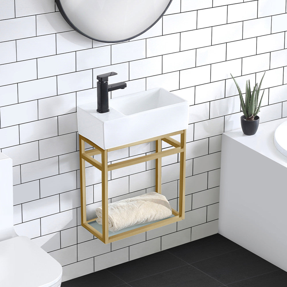 19.5-inch wall-mount bathroom vanity with gold metal frame and open bottom shelf, single white ceramic sink.