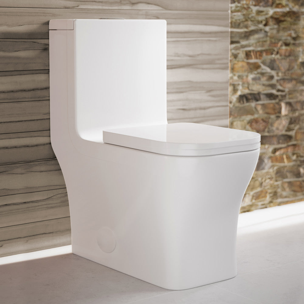 Elongated one-piece toilet with dual flush and smooth skirted trapway in white.