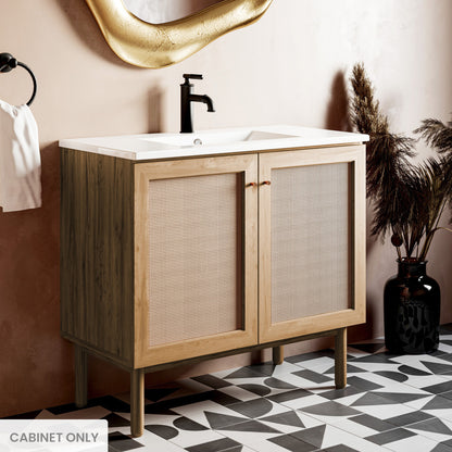 36-inch freestanding bathroom vanity in oak, soft-close doors, two-door cabinet only.