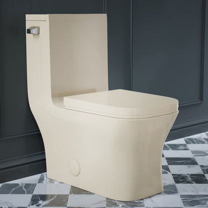 Elongated one-piece toilet in bisque with left side flush handle and skirted trapway.
