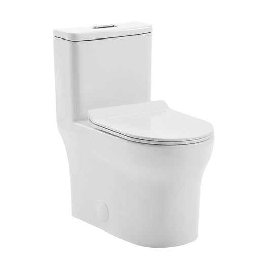 Elongated one-piece white toilet with dual flush and smooth skirted trapway design.