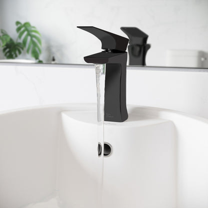 Single-handle bathroom faucet in matte black with angular lever and water flowing from spout.