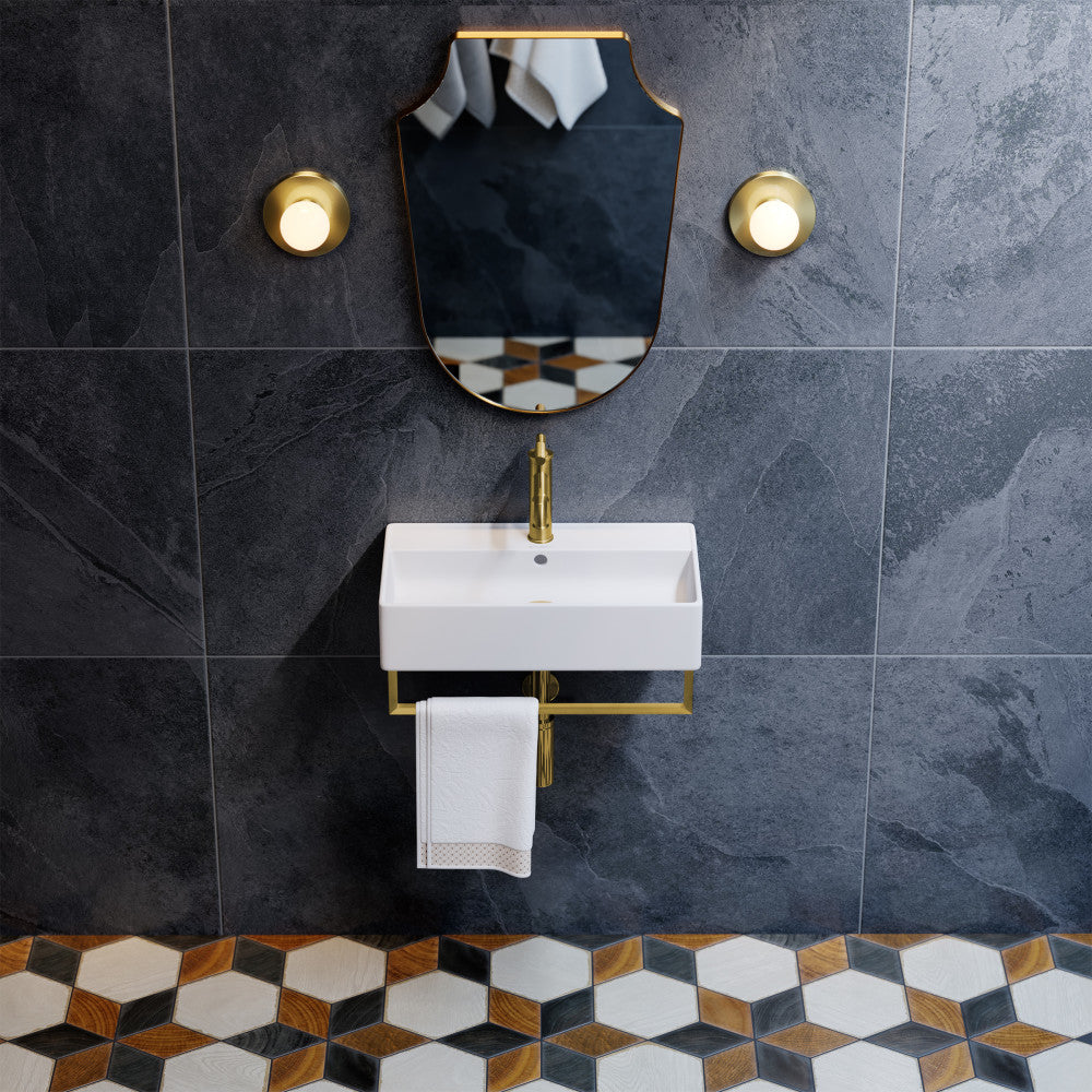 22-inch wall-mount rectangular bathroom sink with brushed gold towel bar and single-handle faucet.