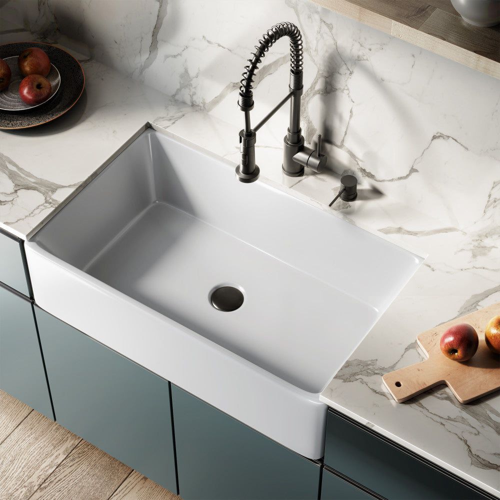 33 x 20 white ceramic farmhouse kitchen sink with apron front and single basin.