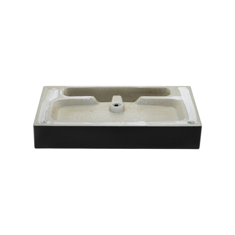 Ceramic console sink in matte black with chrome legs, rectangular basin, single faucet hole.