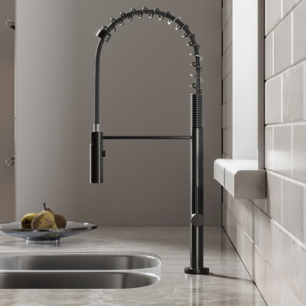 Pull-down kitchen faucet in matte black, single handle, industrial spring spout design.