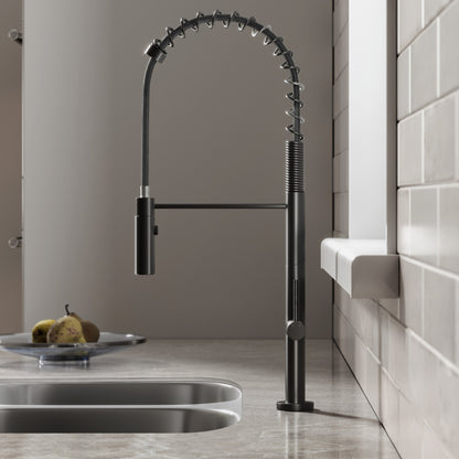 Pull-down kitchen faucet in matte black, single handle, industrial spring spout design.