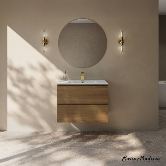 Liberte 30" Wall-Mounted Bathroom Vanity in Brown Oak with Sink Top