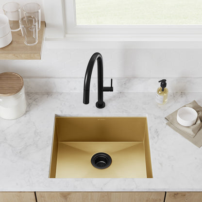 Single basin undermount kitchen sink in gold, stainless steel, 21 x 18 inches.