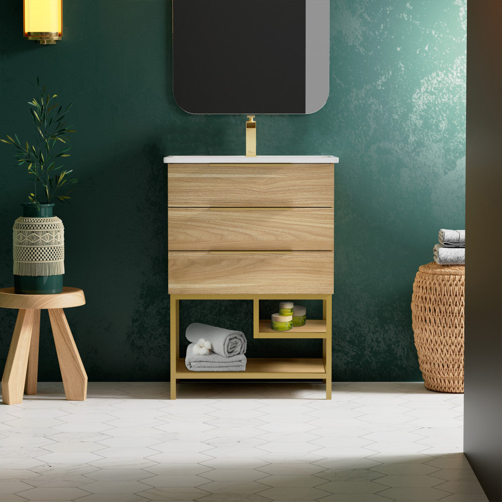 24-inch freestanding bathroom vanity in golden oak with single sink and open shelf.