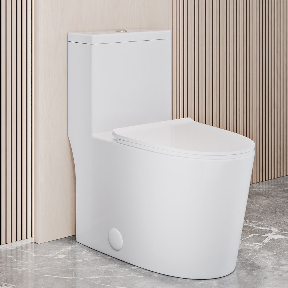 Elongated one-piece toilet with skirted trapway and sleek modern design in white finish.