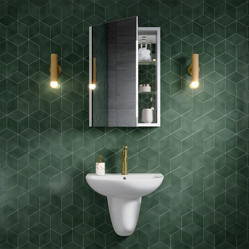 20 in. wall-mounted mirrored aluminum medicine cabinet, slim design, single door with interior shelves.