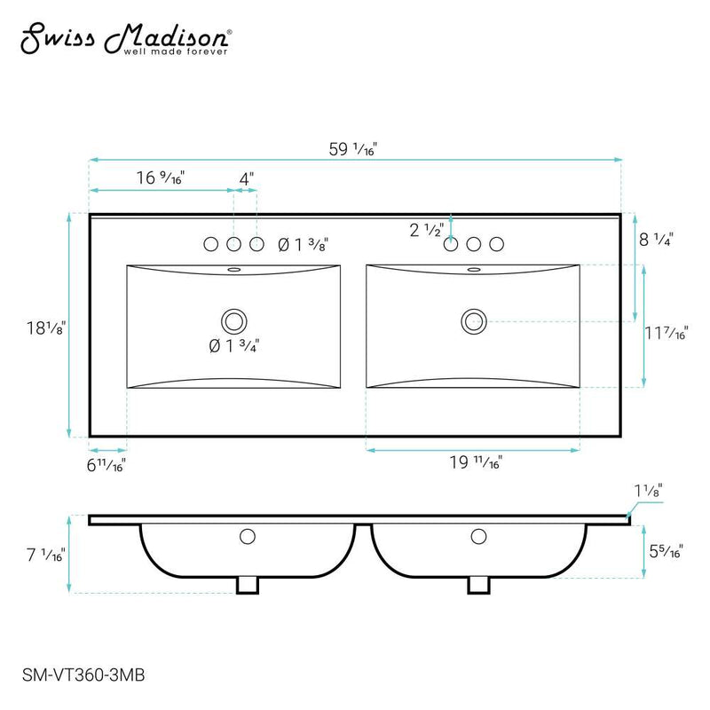 60 inch Vanity Top Bathroom Sink in Matte Black with 3 Holes