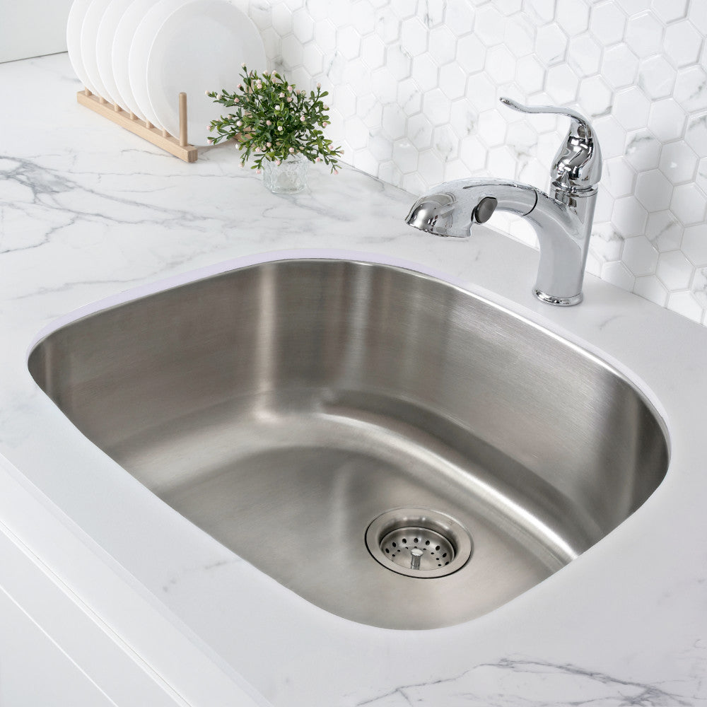 23 5/8 x 21 inch single basin undermount kitchen sink in brushed stainless steel.