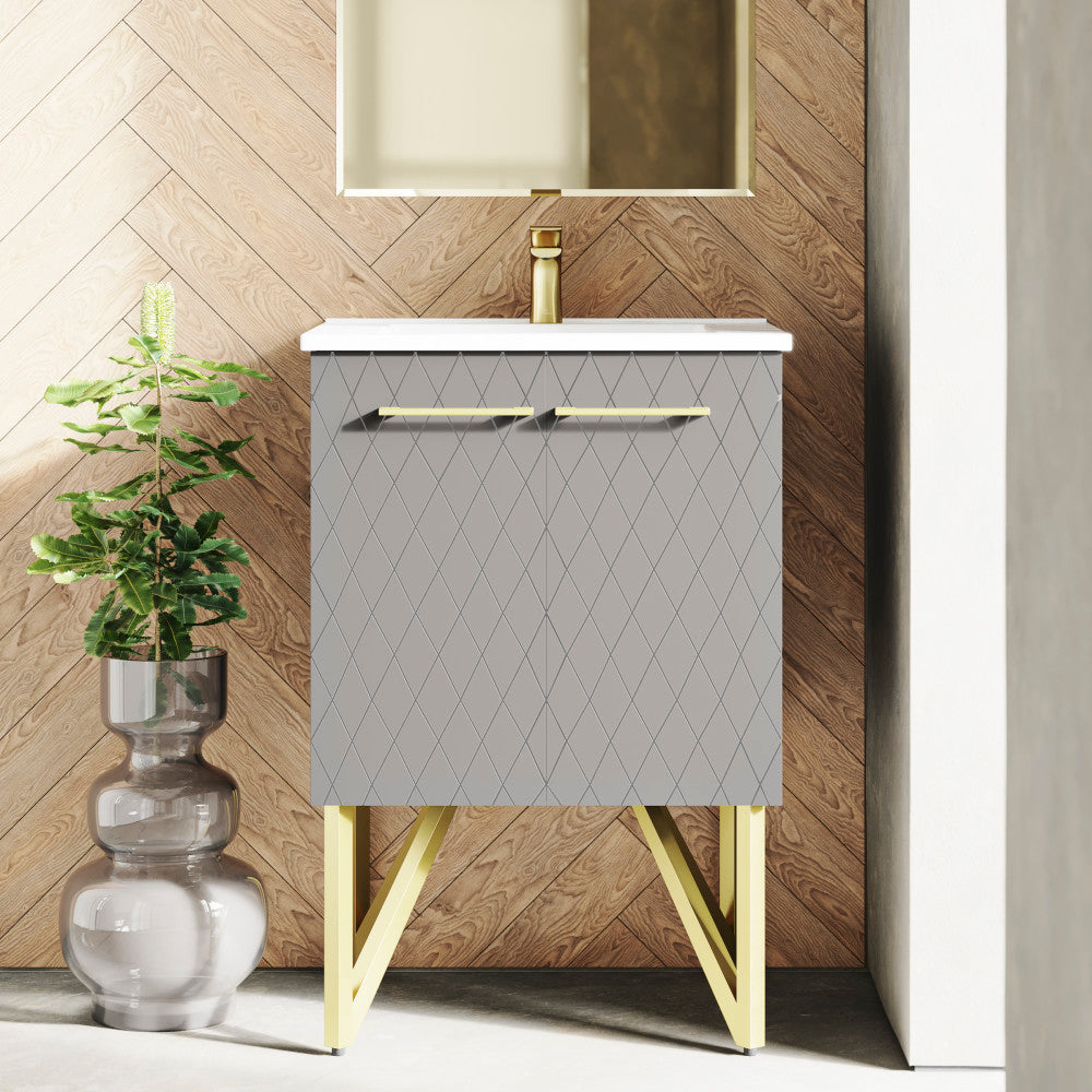 24-inch freestanding bathroom vanity in diamond gray, single sink, soft-close doors, gold-tone legs.