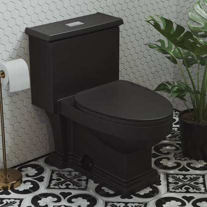Elongated one-piece matte black toilet with dual flush buttons and soft-close seat on patterned tile floor.