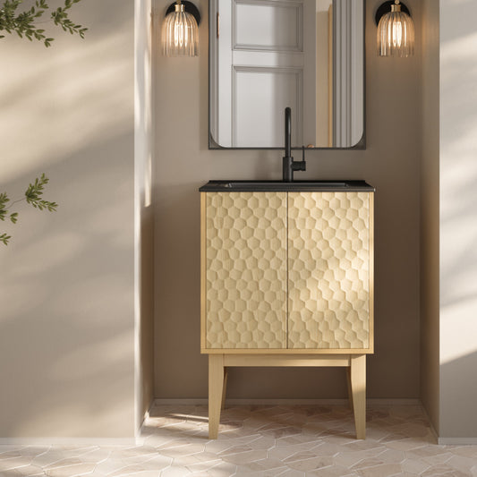 Bosse 24" Freestanding Bathroom Vanity in Natural Oak with Black Sink Top