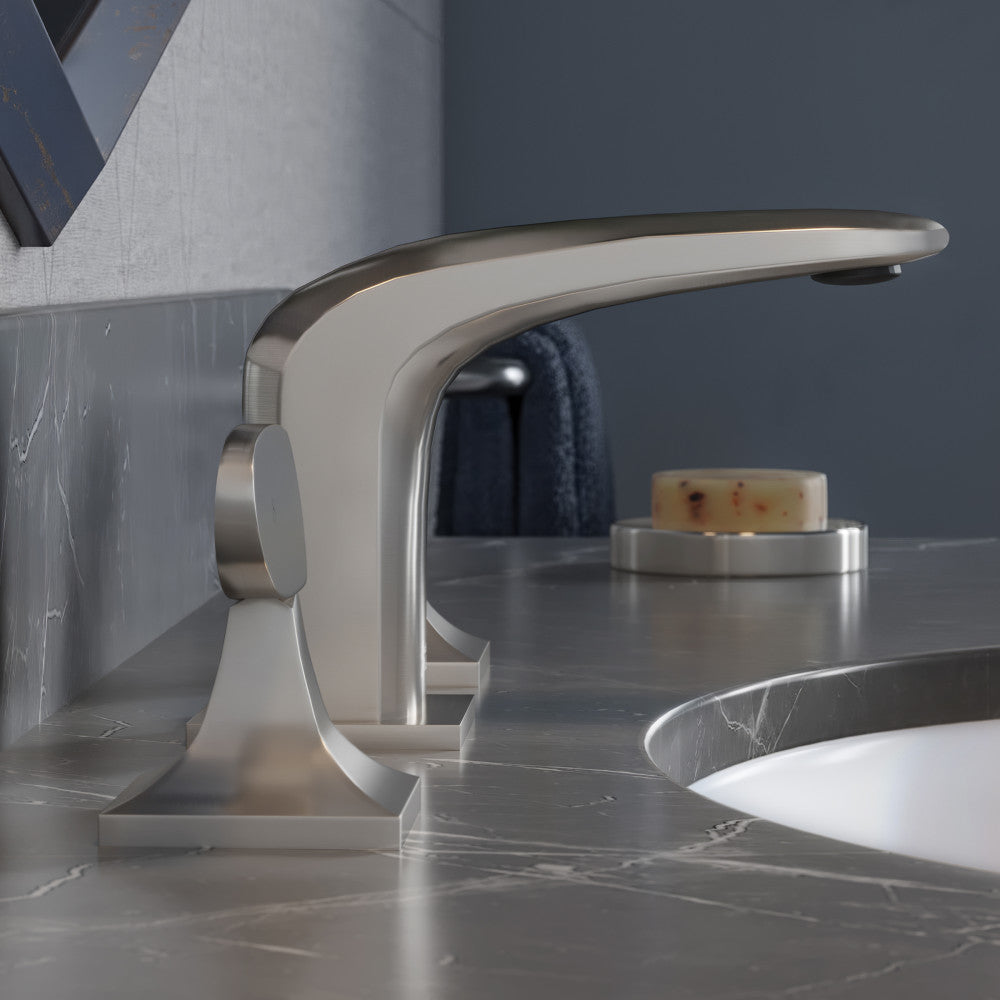 Widespread bathroom faucet in brushed nickel with two handles and curved spout.