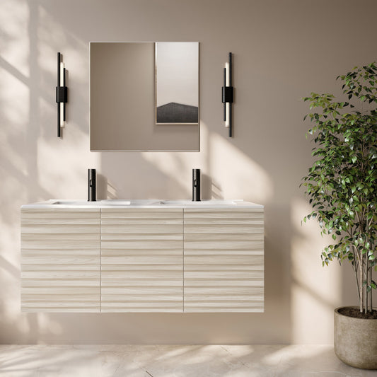 Cascade 48" Wall-Mounted Bathroom Vanity in White Oak with Double Basin Sink Top