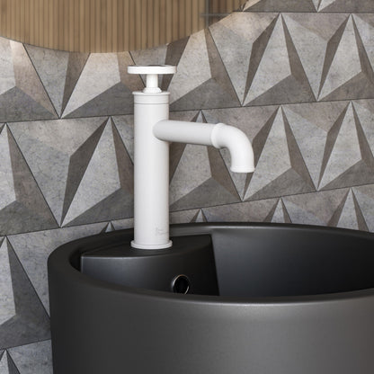 Single-handle bathroom faucet in matte white with wheel handle and cylindrical spout design.